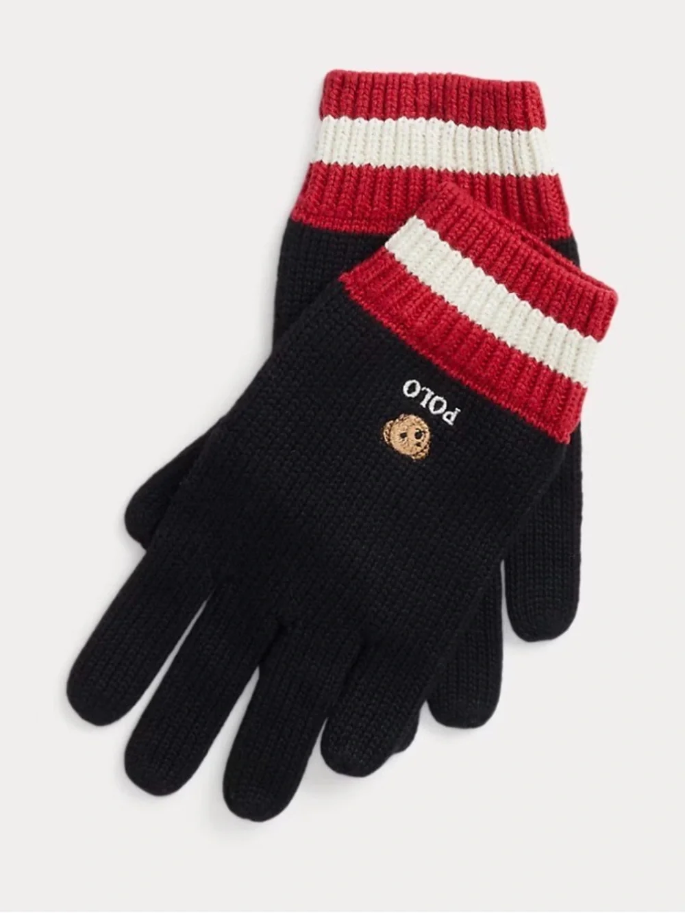 Polo by Ralph Lauren Black Knit Kids Gloves with Polo Bear and Stripe Cuff